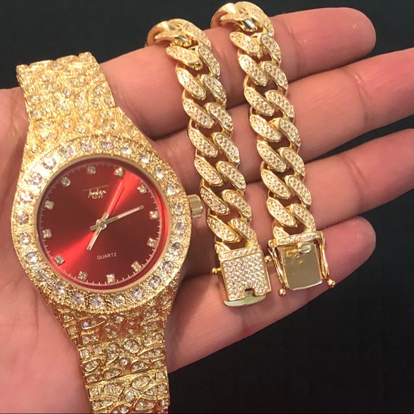 Brand New Gold Plated Watch&12mm Cuban Bracelet - Picture 1 of 6